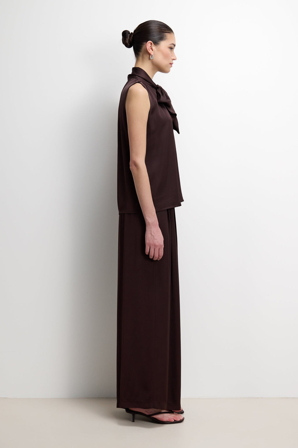 Lyanne Bow Neck Tie Blouse | Espresso Brown Moire