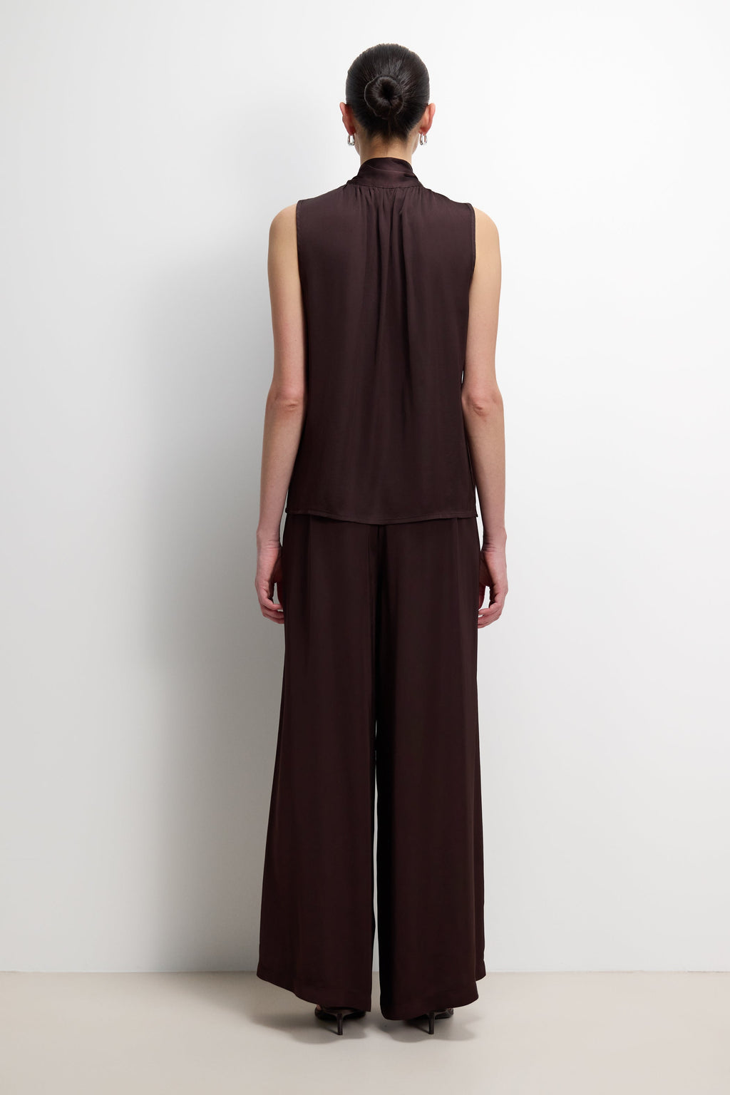 Lyanne Bow Neck Tie Blouse | Espresso Brown Moire