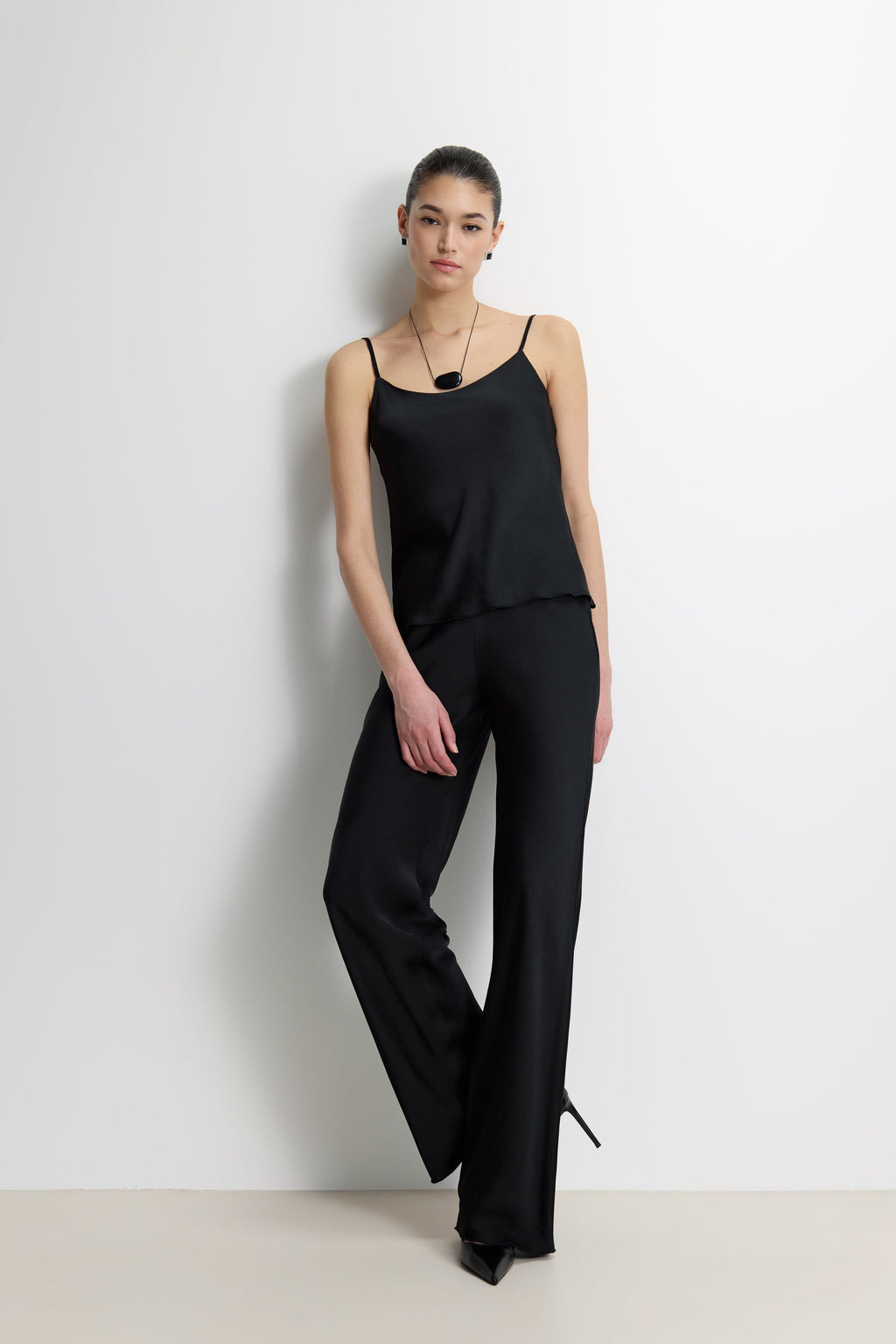 Genet Elastic Waist Bias Satin Trousers | Black