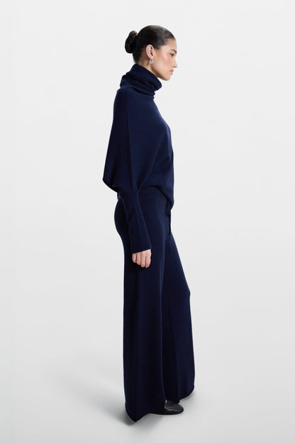 Asymmetric Draped Roll Neck | Navy | Seamless Knit