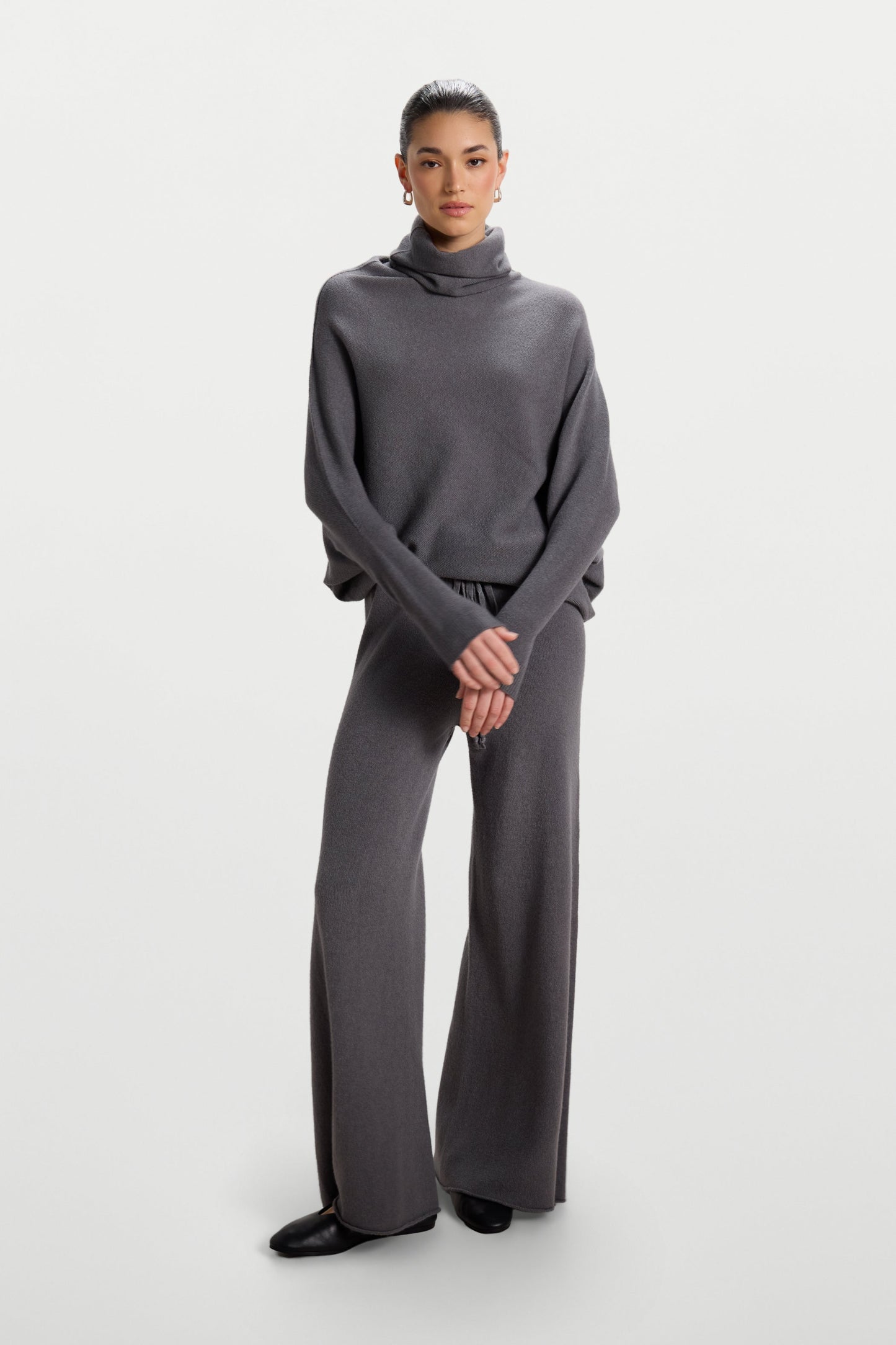 Asymmetric Draped Roll Neck | Charcoal | Seamless Knit