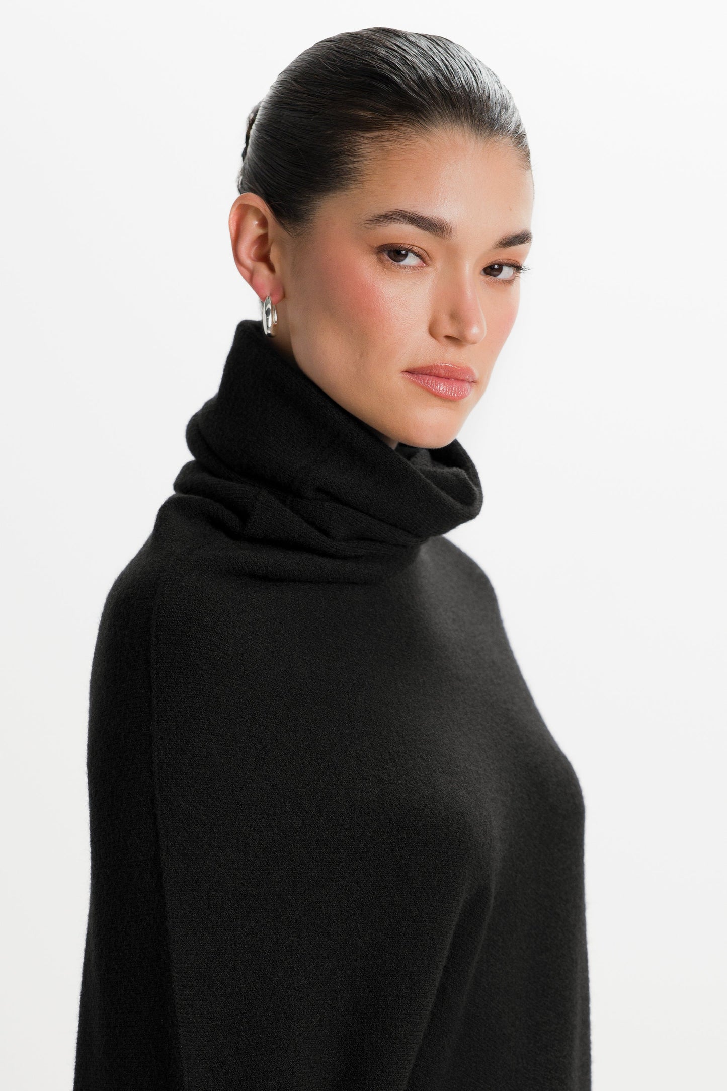 Asymmetric Draped Roll Neck | Black | Seamless Knit