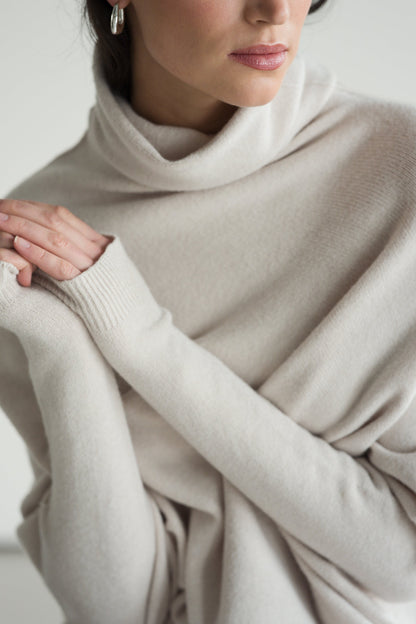 Asymmetric Draped Roll Neck | Light Beige | Seamless Knit