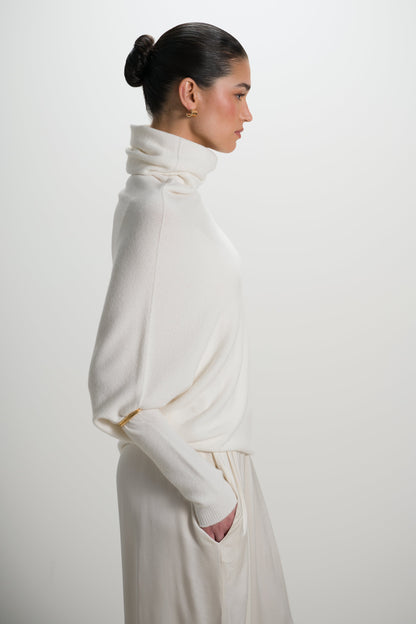 Asymmetric Draped Roll Neck | Ivory | Seamless Knit
