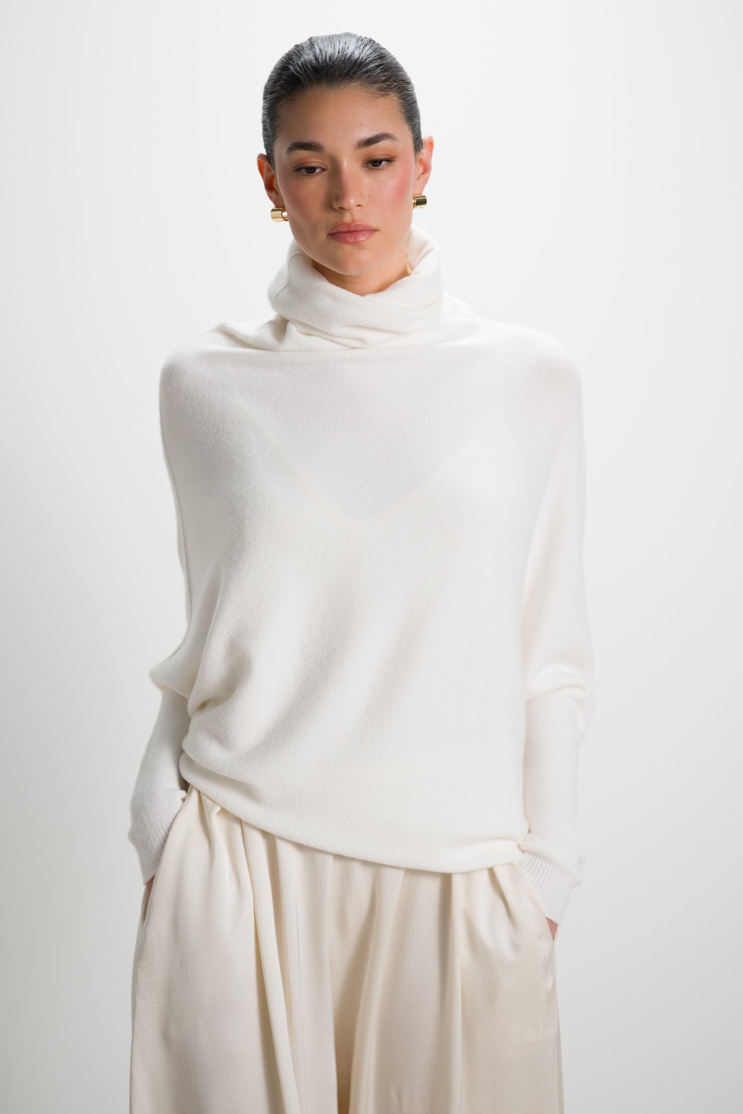 Asymmetric Draped Roll Neck | Ivory | Seamless Knit