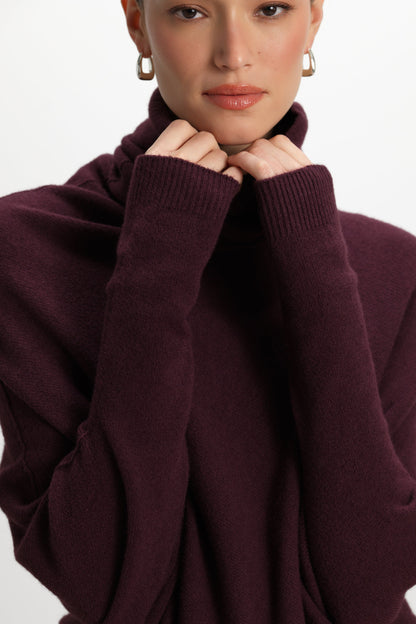 Asymmetric Draped Roll Neck | Amethyst Plum | Seamless Knit