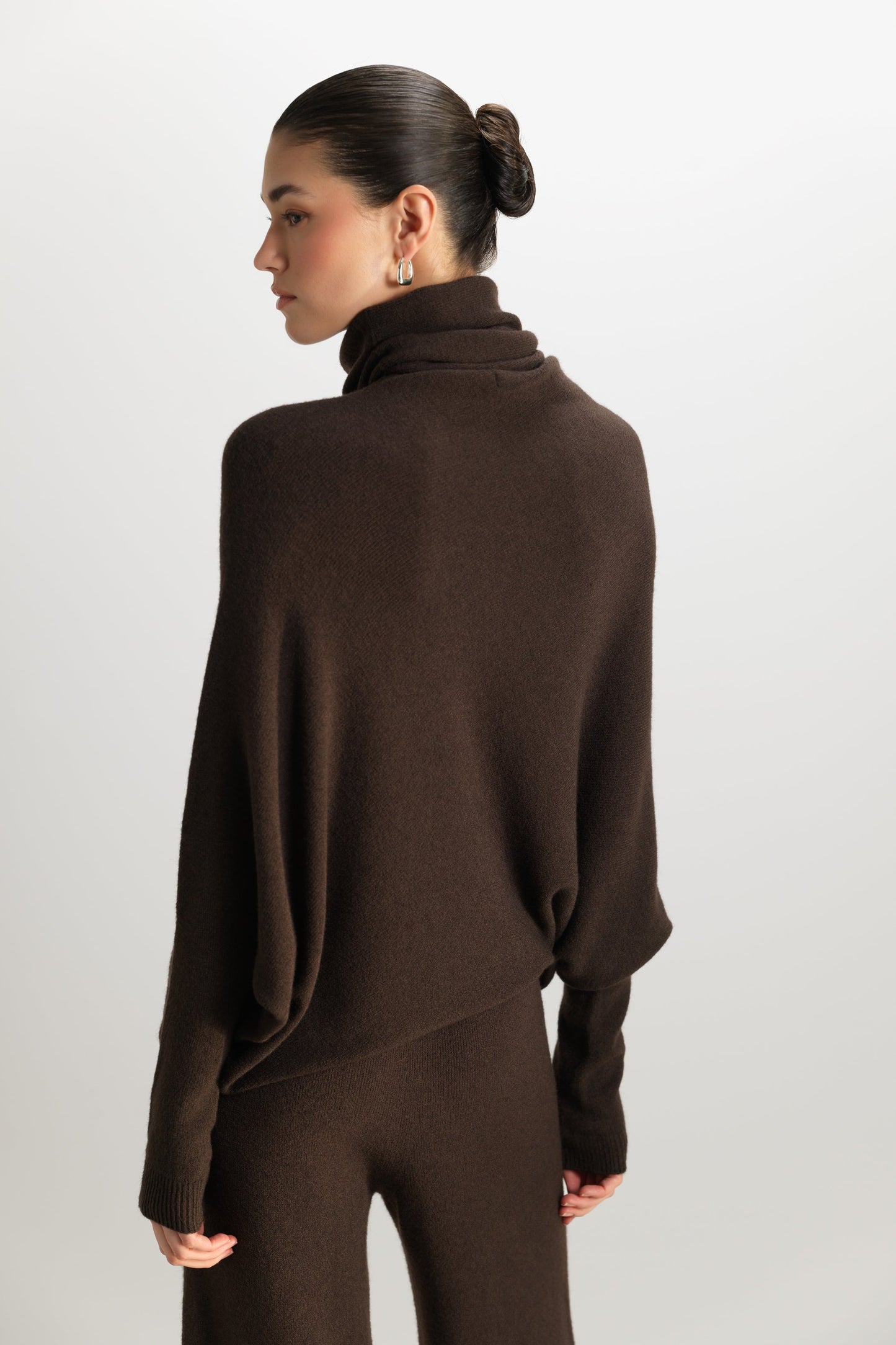 Asymmetric Draped Roll Neck | Espresso Brown | Seamless Knit