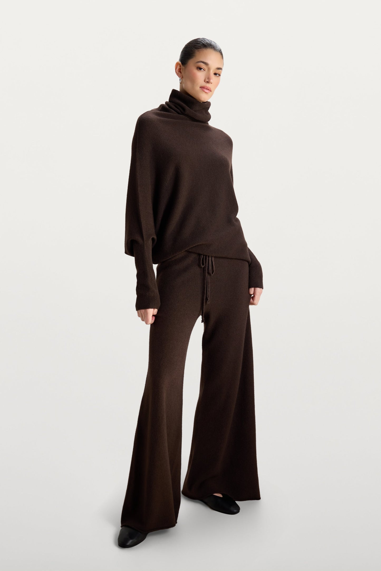 Asymmetric Draped Roll Neck | Espresso Brown | Seamless Knit