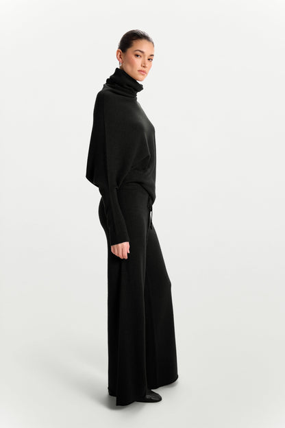 Asymmetric Draped Roll Neck | Black | Seamless Knit