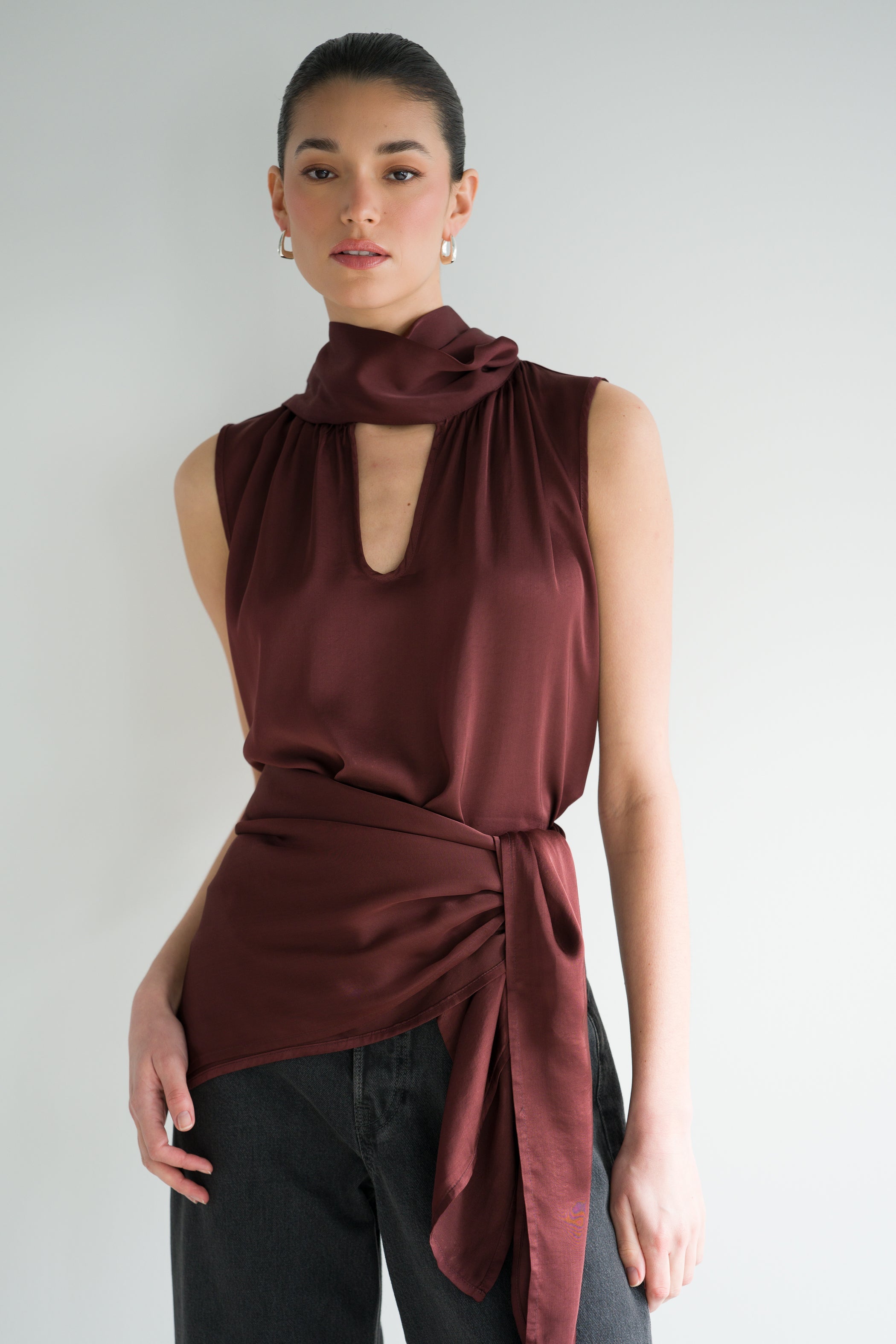Lyanne Bow Neck Tie Blouse | Plum
