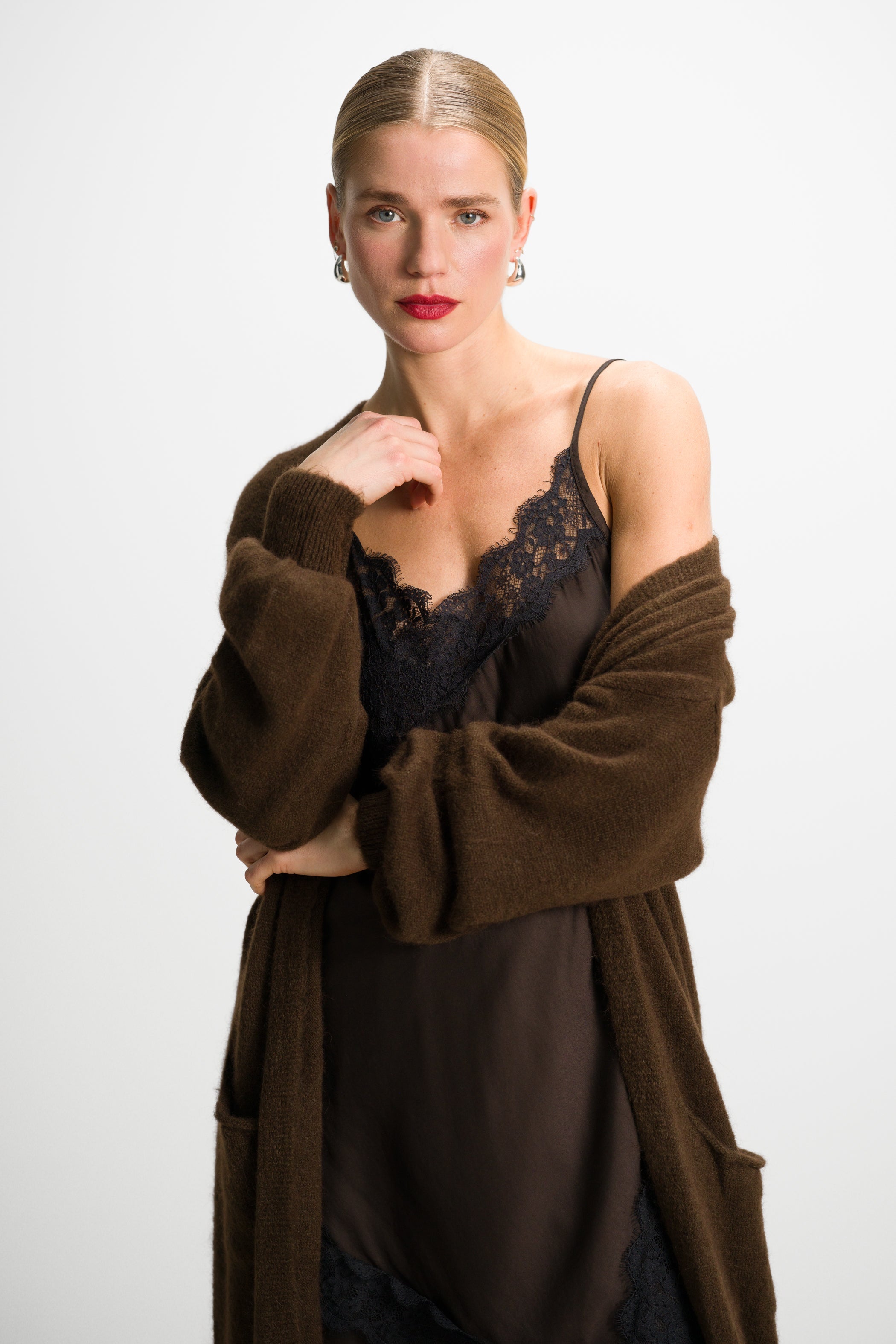 Sofia Asymmetric Lace Satin Vest | Espresso Brown